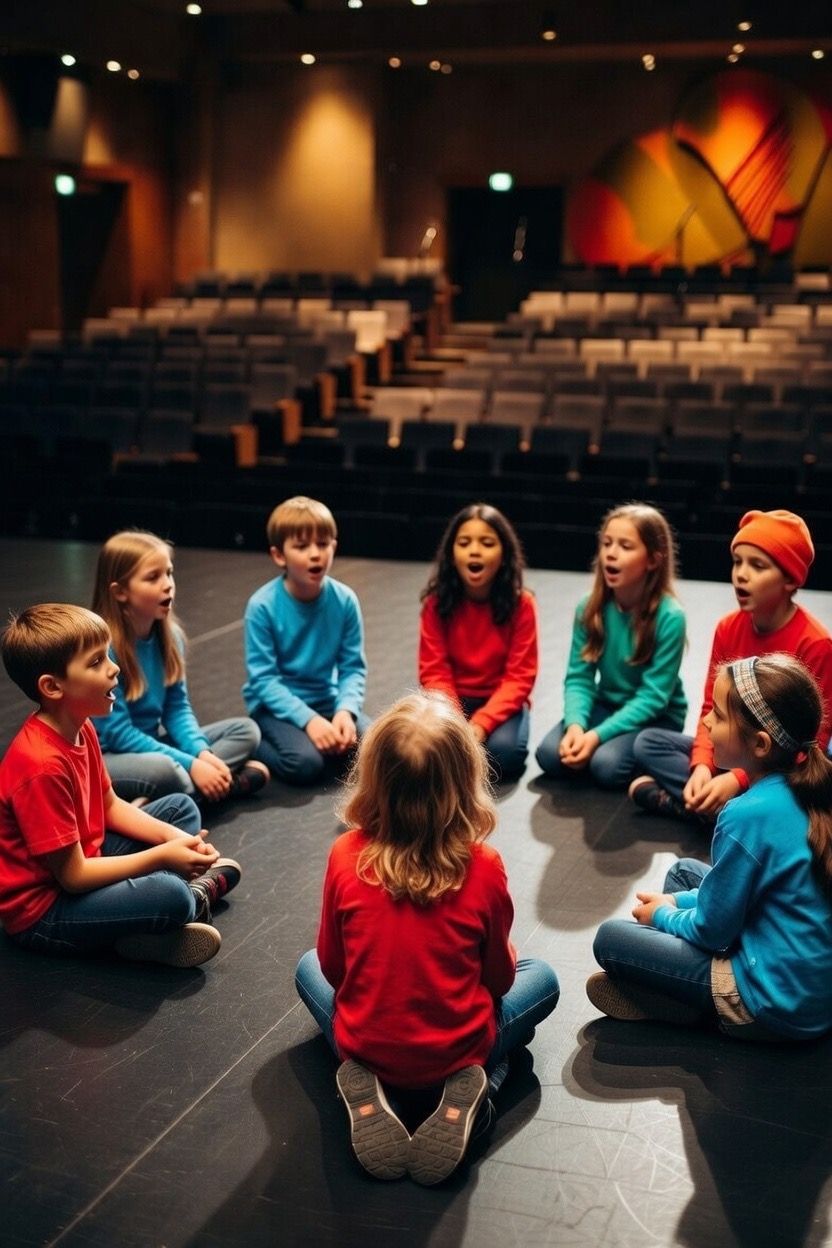 Grupo diverso de niños de 10 años cantando juntos felices